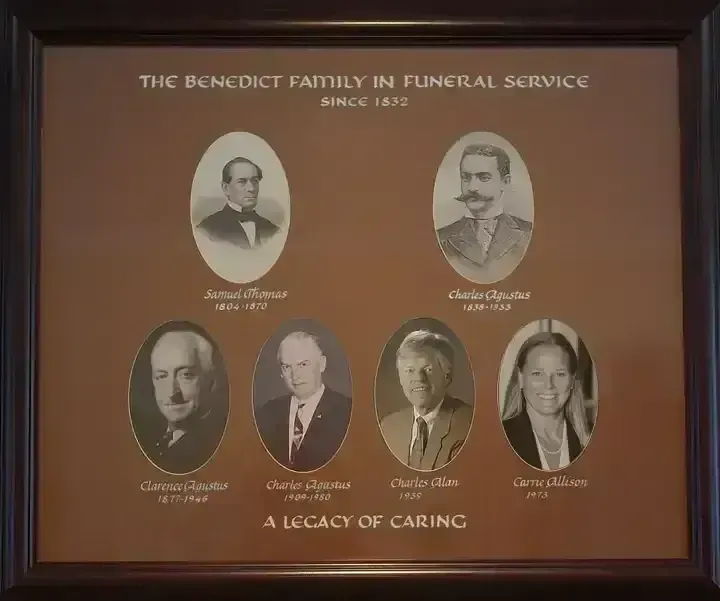 The Benedict family in funeral service since 1832 - a framed display of six generations